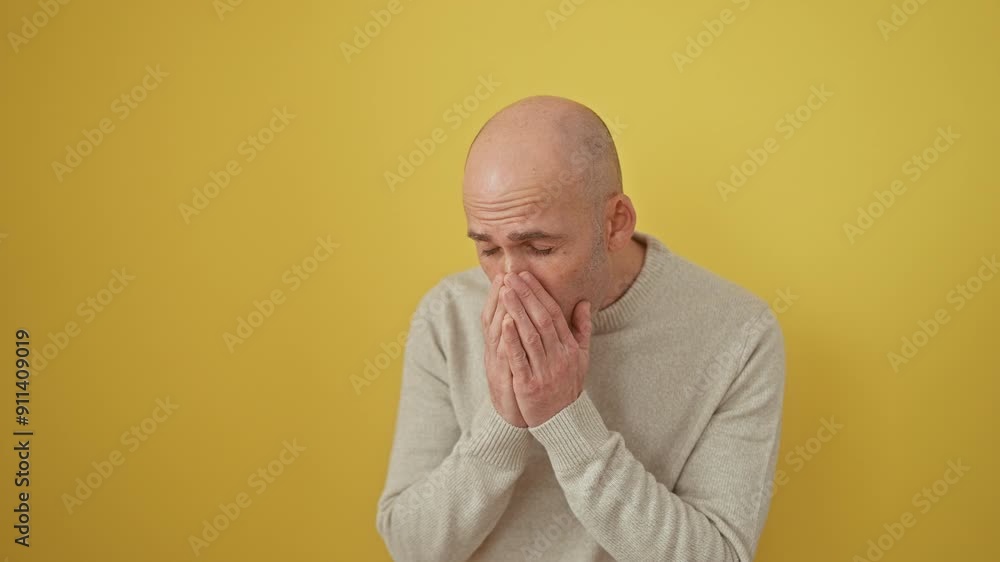 Handsome bald man wearing sweater, facing health scare. coughing, standing isolated on yellow background, hispanic adult showing signs of cold, bronchitis or flu. health care alert! Handsome bald man wearing sweater, facing health scare. coughing, standing isolated on yellow background, hispanic adult showing signs of cold, bronchitis or flu. health care alert!