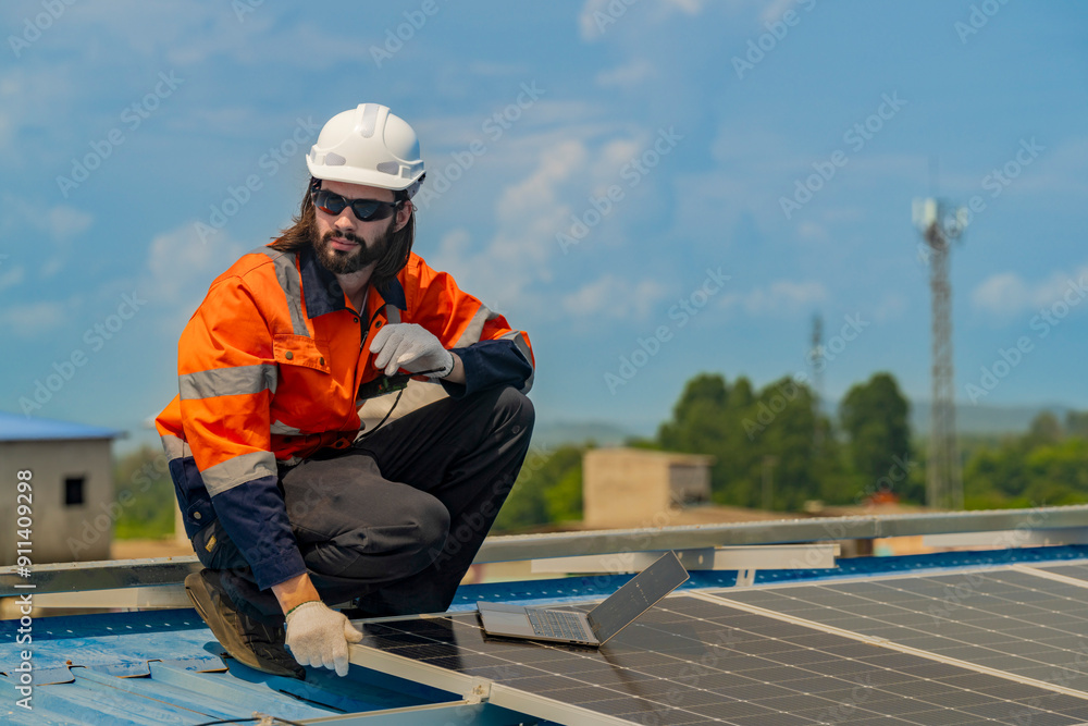 Worker Technicians are working to construct solar panels system on roof. Installing solar photovoltaic panel system. Men technicians walking on roof structure to check photovoltaic solar modules. Worker Technicians are working to construct solar panels system on roof. Installing solar photovoltaic panel system. Men technicians walking on roof structure to check photovoltaic solar modules.