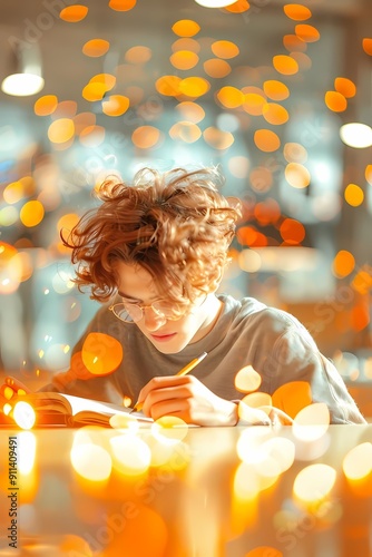 A focused young person studies intently, surrounded by warm, soft bokeh lights, capturing the essence of creativity and learning.