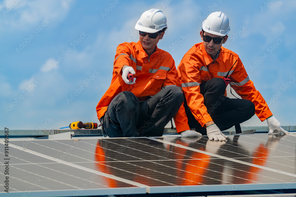 custom made wallpaper toronto digitalWorker Technicians are working to construct solar panels system on roof. Installing solar photovoltaic panel system. Men technicians walking on roof structure to check photovoltaic solar modules.