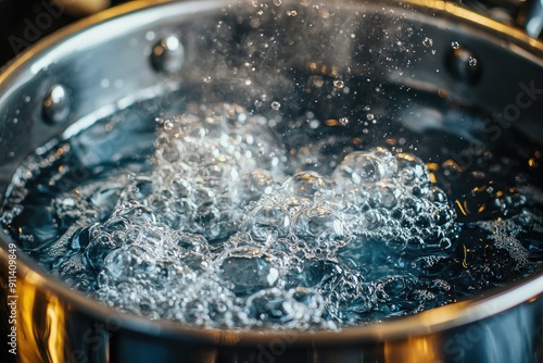 Close-up of bubbles forming in boiling water, showcasing the dynamic movement and texture of liquid in stainless steel pot.