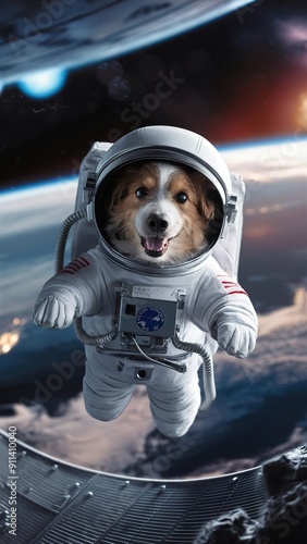 A dog is wearing a space suit and flying through space