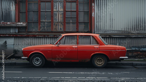 a small vintage red car in front of a house