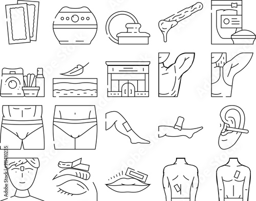waxing wax hair body beauty icons set vector. spa salon, woman beautician, female treatment, depilation remove, leg hot, epilation waxing wax hair body beauty black contour illustrations