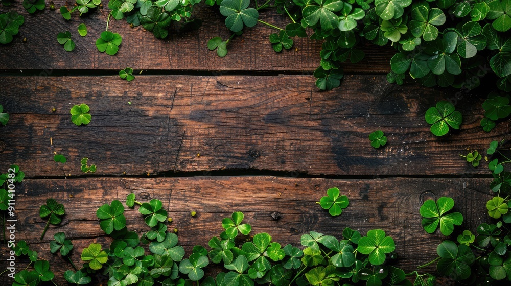 St. Patrick's Day shamrocks scattered across a rustic wooden table St. Patrick's Day shamrocks scattered across a rustic wooden table