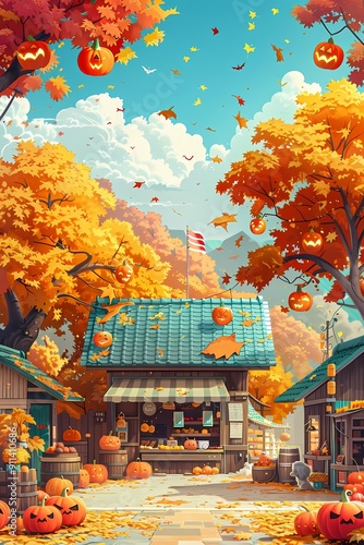 A vibrant autumn marketplace bustling with colorful pumpkins, falling leaves, and festive decorations, capturing the essence of Halloween.