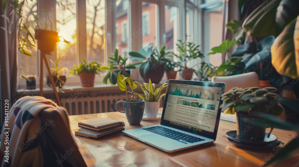 cozy home office setup with a laptop, coffee cup, houseplants, and a person working intently, highlighting remote work lifestyle. cozy home office setup with a laptop, coffee cup, houseplants, and a person working intently, highlighting remote work lifestyle.