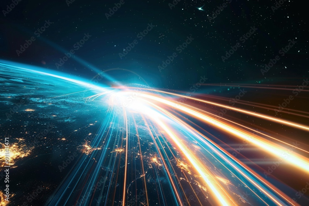 Obraz premium Galactic Voyage: An immersive depiction of light-speed travel through space, with swirling lights and colors against a dark, star-filled backdrop.