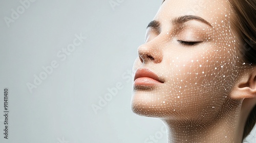 Futuristic beauty concept: woman's face with digital mesh overlay, symbolizing advanced skincare technology and facial recognition in cosmetic industry. photo