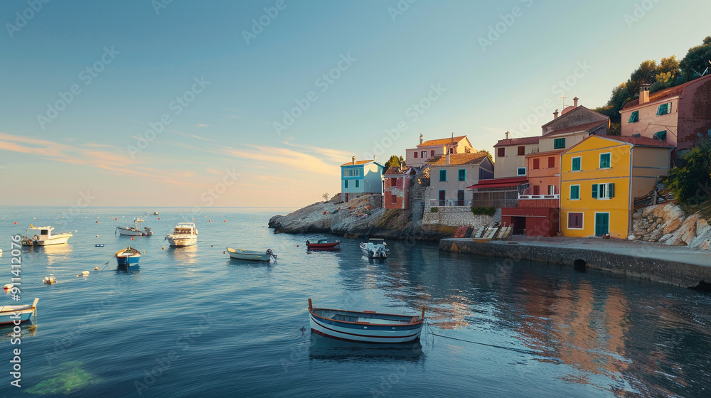 Obraz premium A peaceful coastal village with colorful houses, a small harbor with boats, and a calm sea under a clear sky