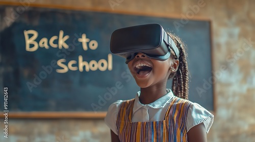 Happy African schoolgirl in virtual reality glasses stands at blackboard in classroom, Inscription Back to school