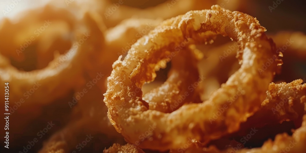 Tilted camera shot of delicious crispy fried onion rings Tilted camera shot of delicious crispy fried onion rings