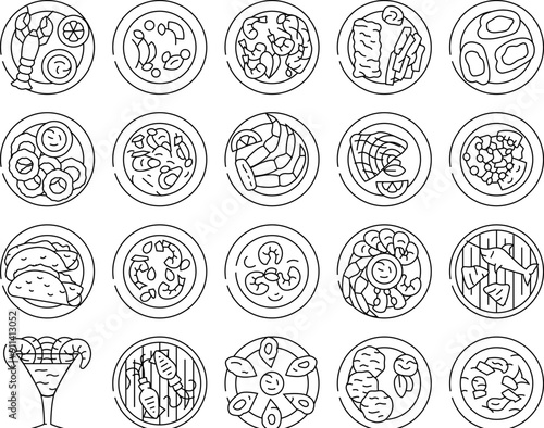 sea cuisine fish cook icons set vector. squid bbq, greek dish, restaurant frozen, culinary luxury, salmon oil plate sea cuisine fish cook black contour illustrations