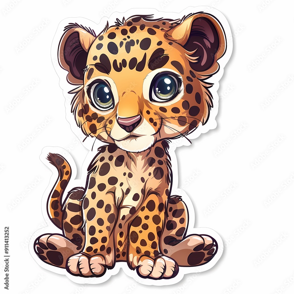 A delightful illustrated leopard cub with big blue eyes, ideal for kids' decor and commercial use. A delightful illustrated leopard cub with big blue eyes, ideal for kids' decor and commercial use.