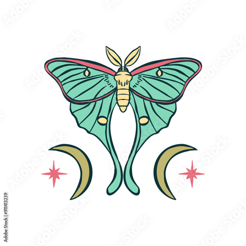 Luna moth hand drawn illustration isolated on white background. Celestial butterfly design