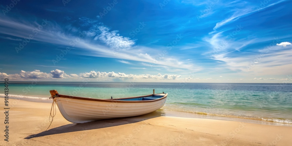 Boat resting on the sandy beach with calm ocean in the background, boat, beach, shore, sand, ocean, water, peaceful, tranquil Boat resting on the sandy beach with calm ocean in the background, boat, beach, shore, sand, ocean, water, peaceful, tranquil