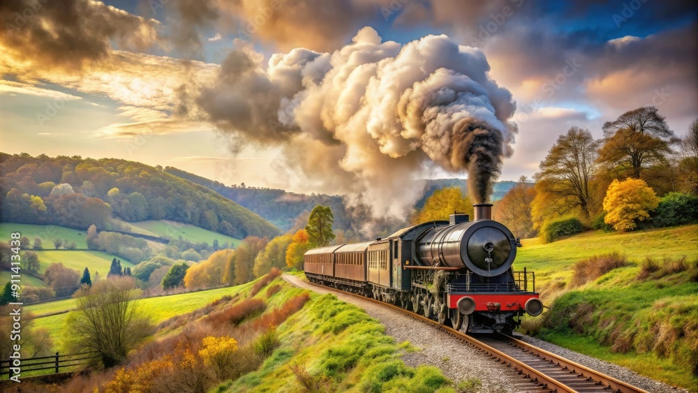 Obraz premium Steam-powered train chugging through a Victorian landscape, steam engine, locomotive, transportation