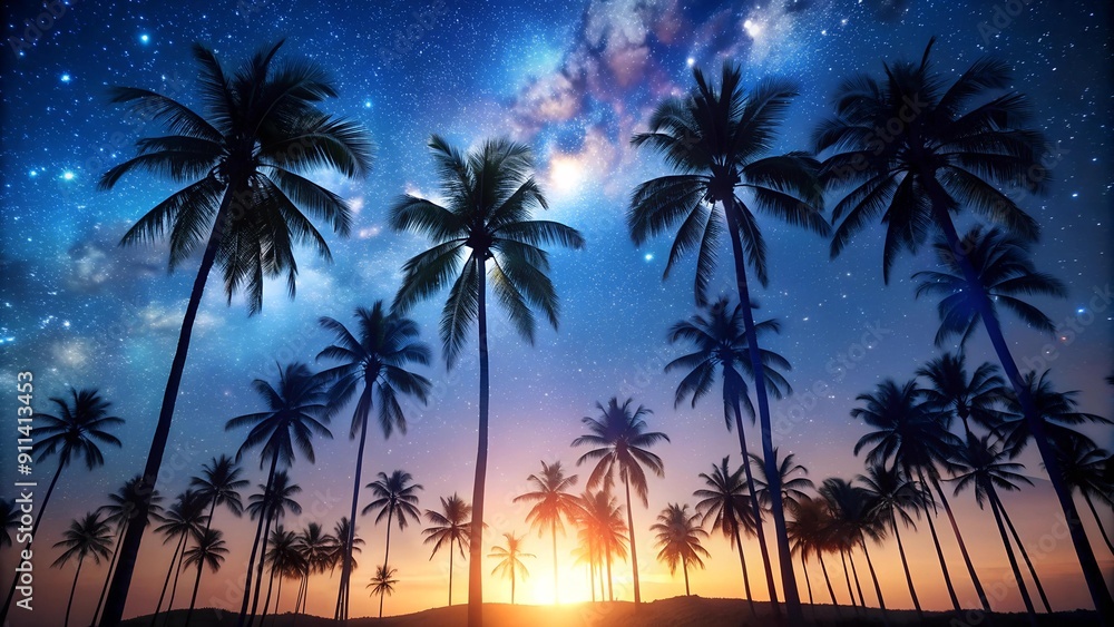 Fototapeta premium Silhouetted Palms Against a Starry Night Generative AI