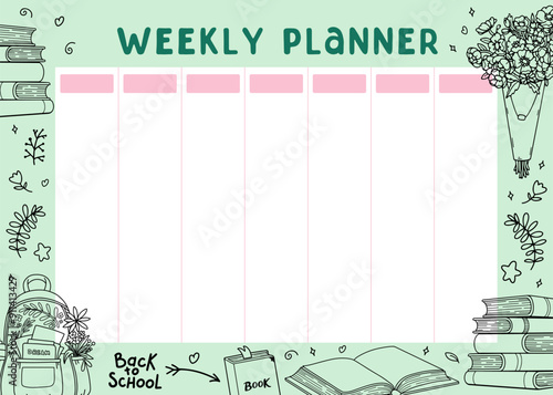Weekly planner with School doodles. Books, backpack and flowers for first day of school. Back to School background. Cute lifestyle planner is for 7 days. Schedule design template. Vector illustration.