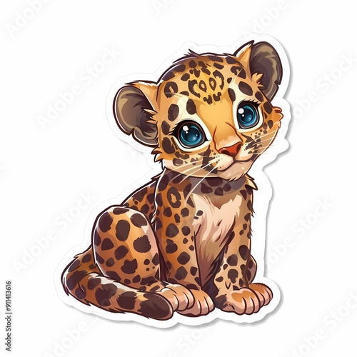 A delightful illustrated leopard cub with big blue eyes, ideal for kids' decor and commercial use.