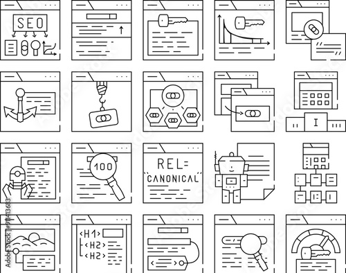 seo optimize search rank icons set vector. report marketing, optimization internet, dashboard digital, market, analysis, engine seo optimize search rank black contour illustrations