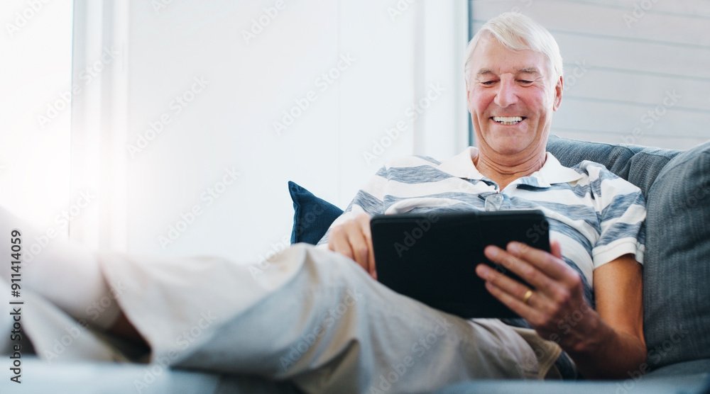 Senior man, tablet and retirement home with elderly dating site or puzzle app on sofa. Online, tech and living room with internet scroll and web search for social media setup advice with smile Senior man, tablet and retirement home with elderly dating site or puzzle app on sofa. Online, tech and living room with internet scroll and web search for social media setup advice with smile