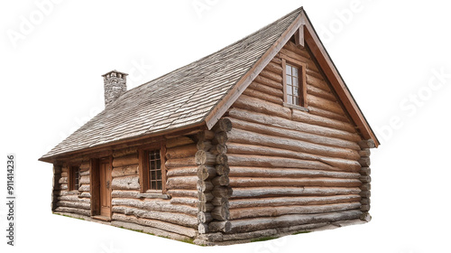 Rustic off-grid log cabin isolated on transparent background