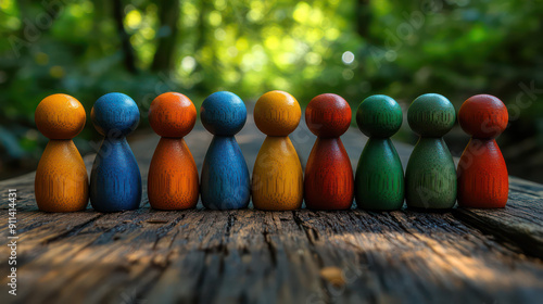 Wooden employees as colorful wooden figures in a line with natural green bokeh background