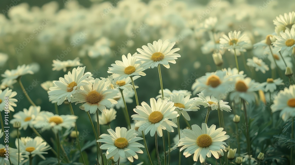 The landscape of white daisy blooms in a field The landscape of white daisy blooms in a field
