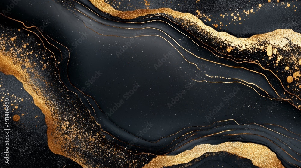 Obraz premium Abstract black and gold marble texture with flowing lines and glittery accents.