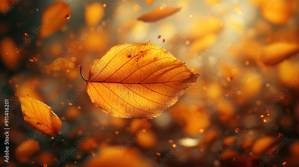 single golden leaf falling against a blurred autumn background