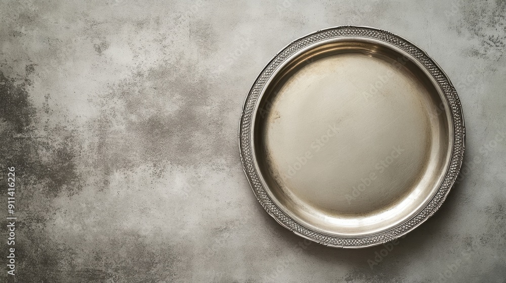 Empty silver plate on a neutral background, ready for serving or presentation. Empty silver plate on a neutral background, ready for serving or presentation.