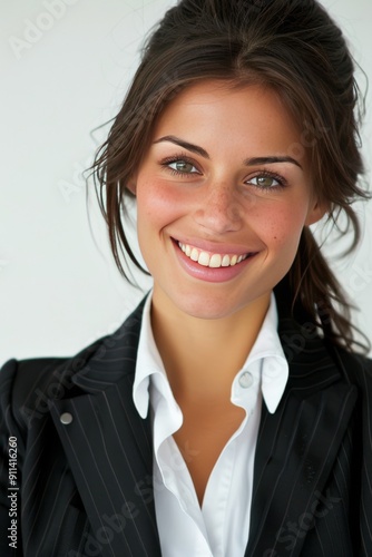 Businesswoman smiling with a clean background for text addition.