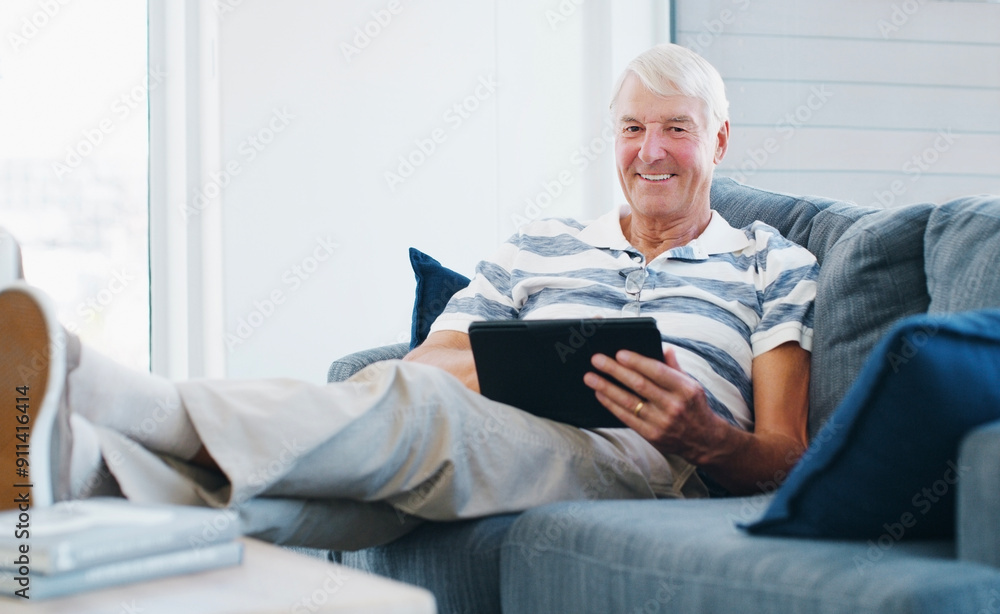 Senior man, tablet and portrait in home with web news or puzzle app with game on sofa. Online, techology and living room with internet scroll and search for social media setup advice with smile Senior man, tablet and portrait in home with web news or puzzle app with game on sofa. Online, techology and living room with internet scroll and search for social media setup advice with smile