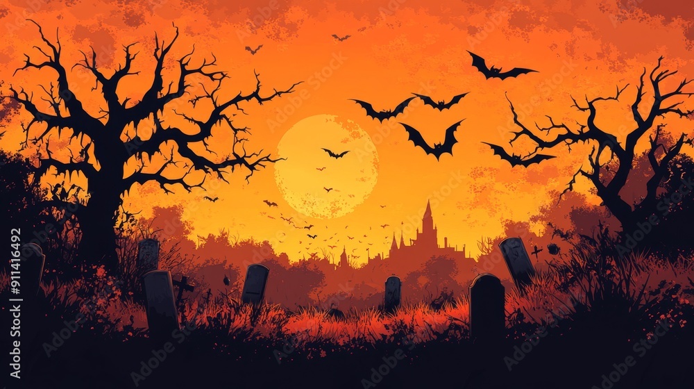 Spooky Halloween Night Cartoon Background with Orange Sky and Castle Silhouette Spooky Halloween Night Cartoon Background with Orange Sky and Castle Silhouette