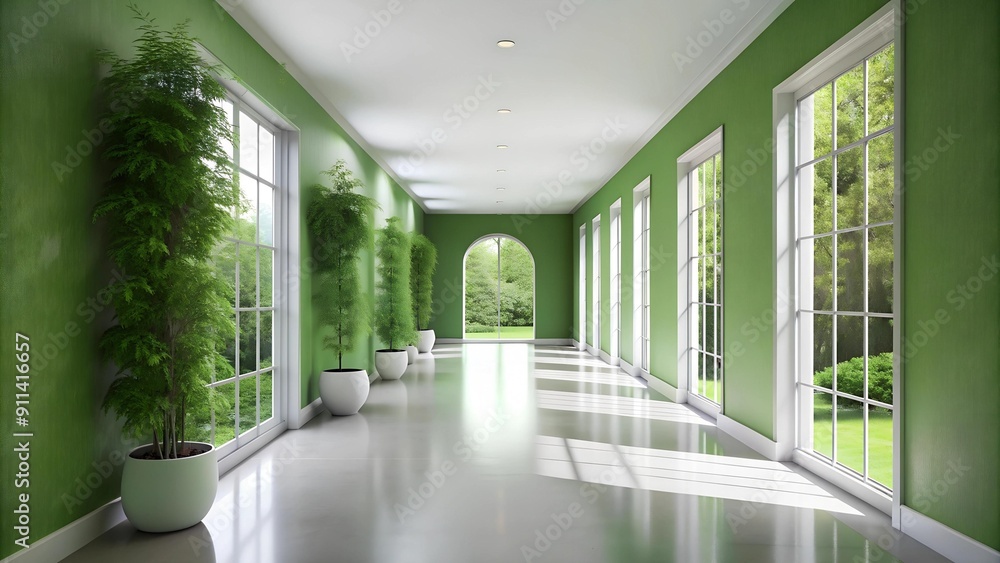 Fototapeta premium Modern Minimalist White Hallway with Lush Green Walls: A Tranquil Escape AI Generated
