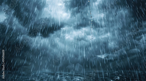 Fototapeta Naklejka Na Ścianę i Meble -  Rainstorm weather, strong storm accompanied by lightning and thunder, dark clouds in the sky, rain poured down
