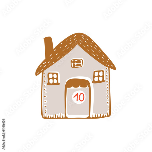 Whimsical Advent Calendar cottage door with numbers for december festive Christmas countdown. Winter holiday social media promotion campaign, festive sales and cute hand drawn festive home card design