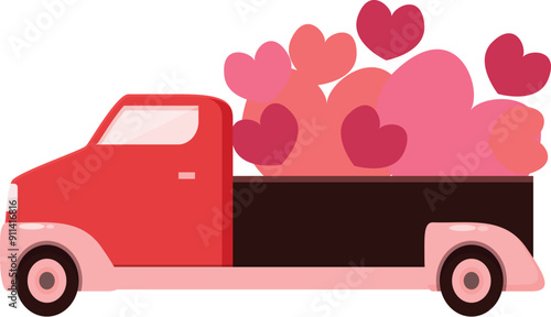 Red pickup truck carrying many hearts for valentine's day celebration