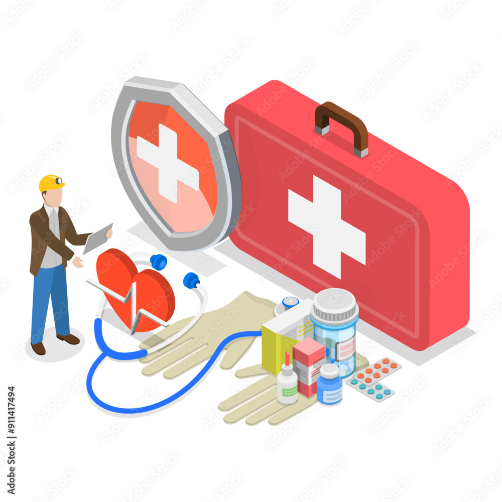 Obraz premium 3D Isometric Flat Illustration of Safety Work, HSE - Health Safety Environment. Item 1