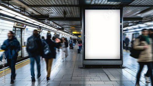 Bustling underground metro station with commuters in motion, illuminated blank billboard display catching attention amidst the urban transit rush hour. photo