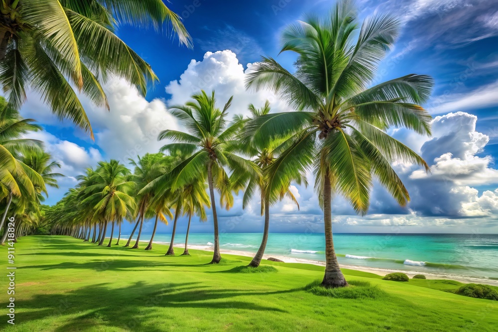 Serene tropical scene featuring a row of swaying coconut palm trees on lush green grass, adjacent to a pristine white beach and turquoise sea, under a cloudy blue sky. Serene tropical scene featuring a row of swaying coconut palm trees on lush green grass, adjacent to a pristine white beach and turquoise sea, under a cloudy blue sky.