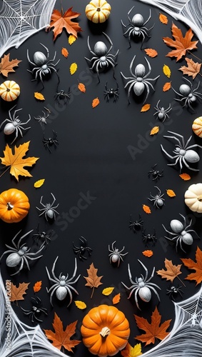 halloween spider web with pumpkin on black background, space for text photo