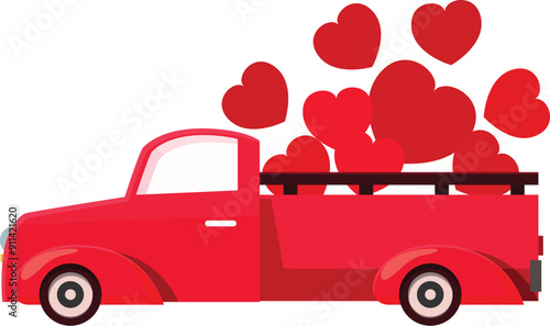 Red pickup truck carrying many hearts for a special occasion