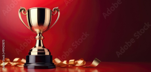 Gold cup sports trophy on red background withwith space for text. Gold winner trophy, success in sports competition, champion symbol photo