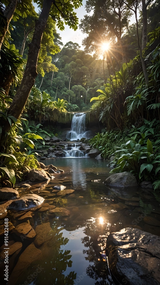 Serene Forest Stream with Sunlight and Waterfall Serene Forest Stream with Sunlight and Waterfall