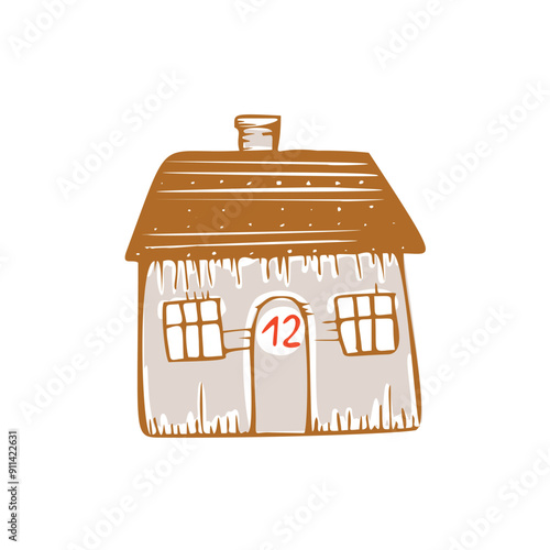 Whimsical Advent Calendar cottage door with numbers for december festive Christmas countdown. Winter holiday social media promotion campaign, festive sales and cute hand drawn festive home card design