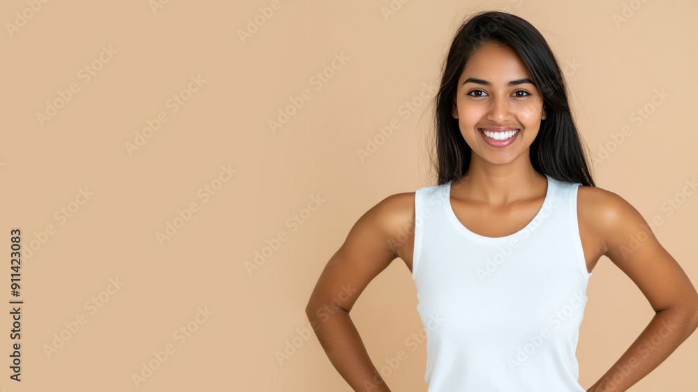 Indian woman smile hands on hips wearing white t-shirt isolated on gray Indian woman smile hands on hips wearing white t-shirt isolated on gray