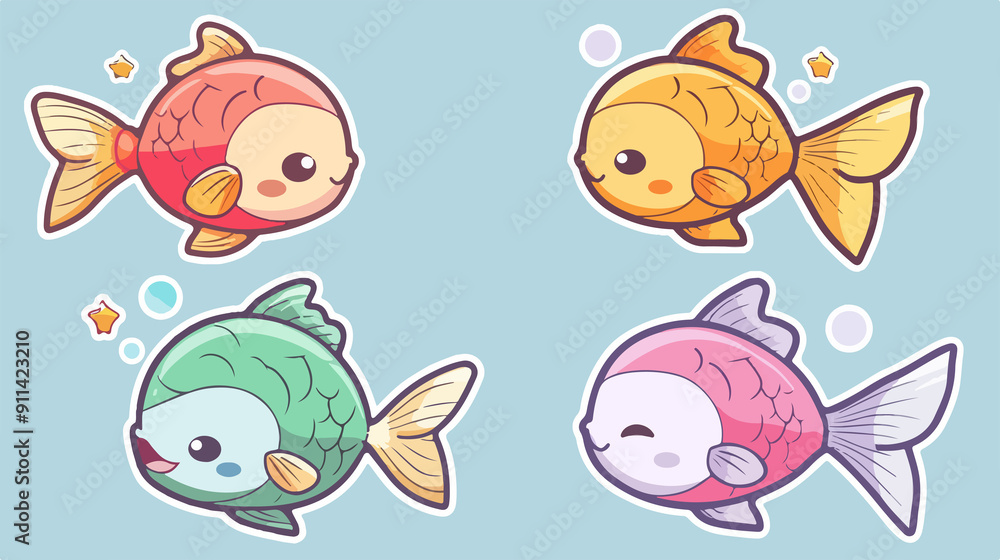 Fototapeta premium fish icon chibi style, cute animal themed sticker collection for children's story books