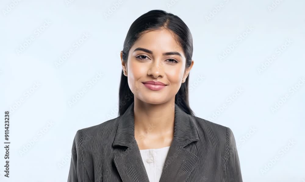 Portrait video of a Peruvian woman in her 20s wearing a classic blazer against a white background Portrait video of a Peruvian woman in her 20s wearing a classic blazer against a white background